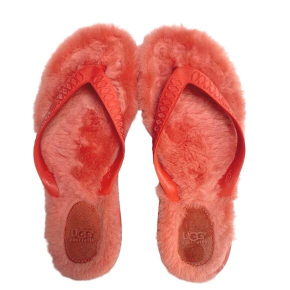 UGG Australia Fluffie Orange Fur Flip Flops Womens Sz 6W Thong Summer Vacation - Picture 1 of 6
